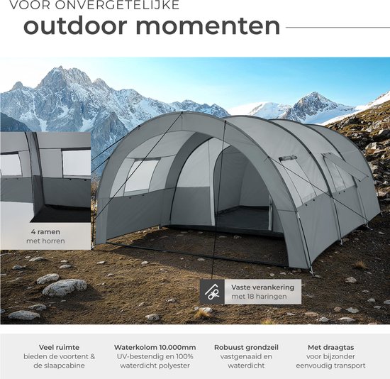 tectake® - Tunneltent voor 6 personen - Familietent op stahoogte - Voortent - Campingtent grote slaapcabine met grondzeil - 4 ramen, waterafstotend, 480 x 350 x 195 cm, donkergrijs/lichtgrijs