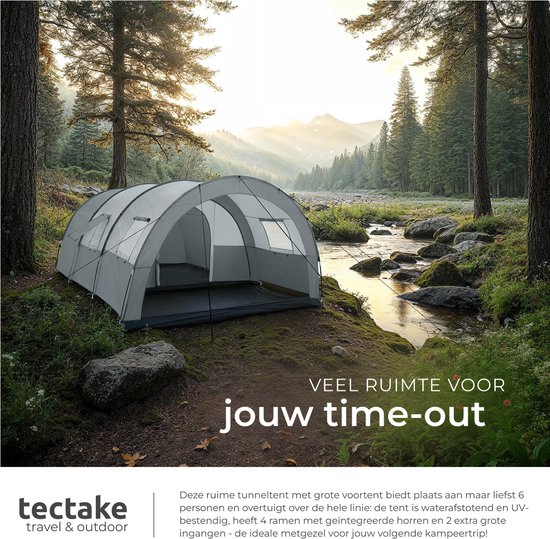 tectake® - Tunneltent voor 6 personen - Familietent op stahoogte - Voortent - Campingtent grote slaapcabine met grondzeil - 4 ramen, waterafstotend, 480 x 350 x 195 cm, donkergrijs/lichtgrijs