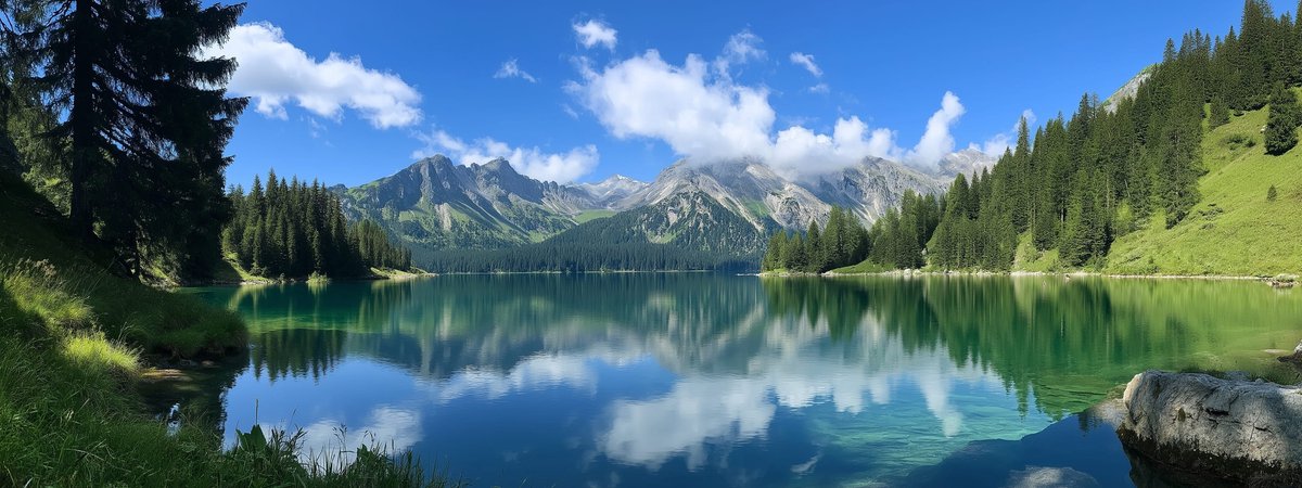 Tuinposter Zwitserse Alpen - Natuur Tuinposters voor Buiten - Tuin decoratie - 610 gram PVC - Weerbestendig Tuindoek - GW5683YR - Formaat 120 x 45cm