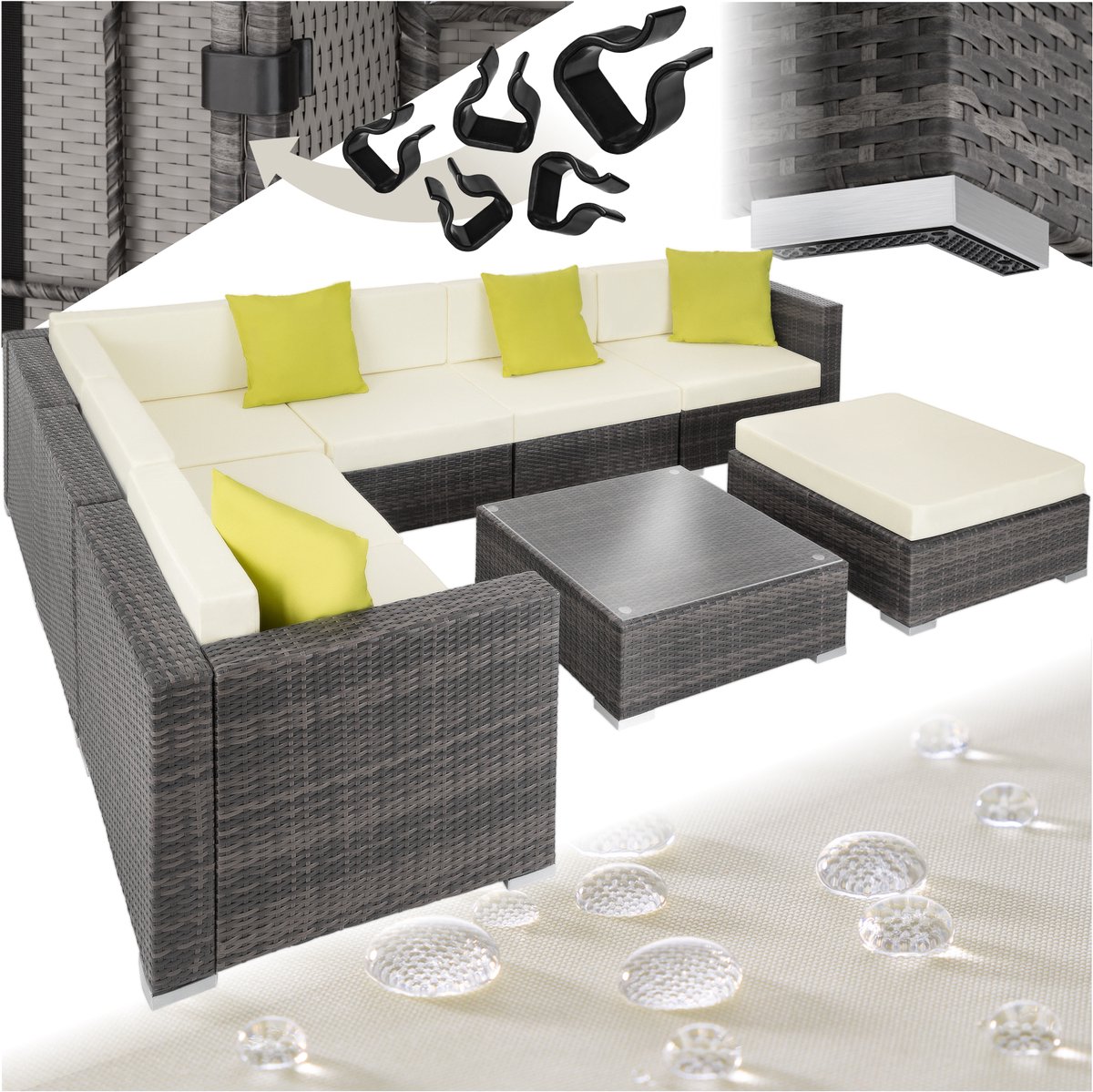 tectake® Wicker loungeset Marbella - Modulaire Elementen - Tuinset voor 6 personen - Loungebank met zit- en rugkussens en sierkussens - Inclusief tafel met glazen plaat - Weerbestendig - Afmeting tafel (LxBxH) 69 x 69 x 25,5 cm - Grijs
