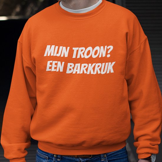 Foto: Oranje koningsdag sweater mijn troon een barkruk maat m feestkleding carnavalskleding