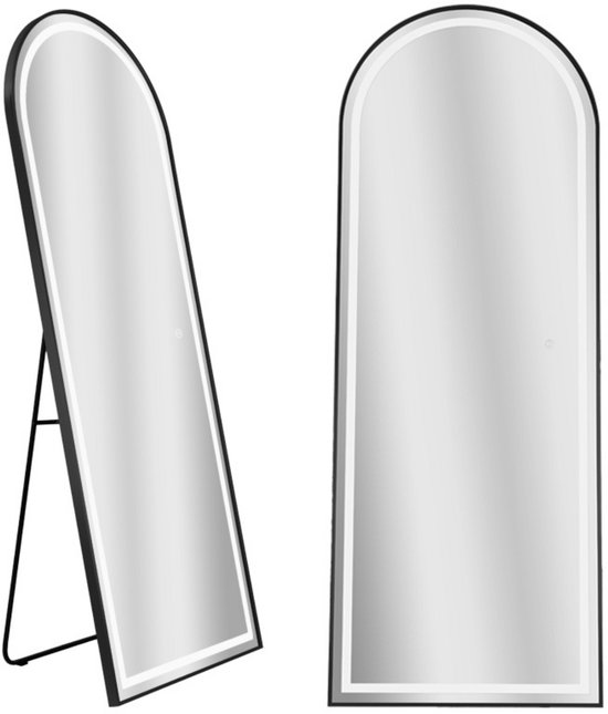 SensaHome Miroir pleine longueur - Miroir mural Design minimaliste avec LED - Miroir sur pied avec bord en métal - Zwart - 160x60x4 CM