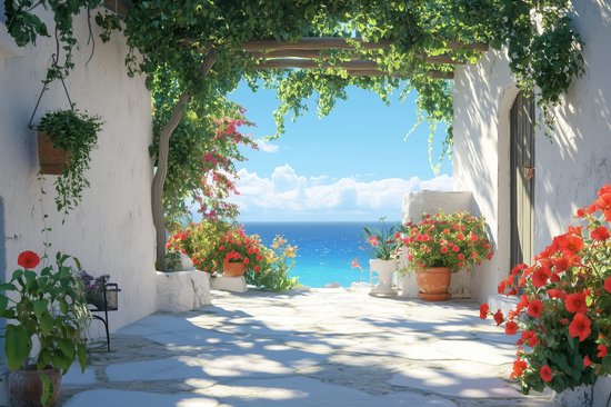 Tuinposter Grieks - Bloemen Tuinposters voor Buiten - Tuin decoratie - 610 gram PVC - Weerbestendig Tuindoek - G5531KMD - Formaat 90 x 60cm