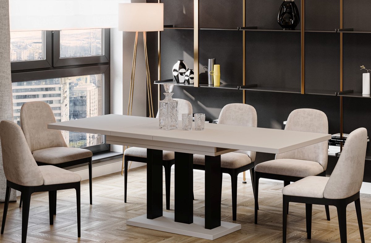 Uitschuifbare Eettafel Witte Glans - (130-215 cm x 80 cm x 75 cm) – Verlengbaar Tafelblad, Modern Design, Metaal & Bewerkt Hout – Duurzaam en Stijlvol voor 4-8 Personen - eetkamertafel uitschuif tafel