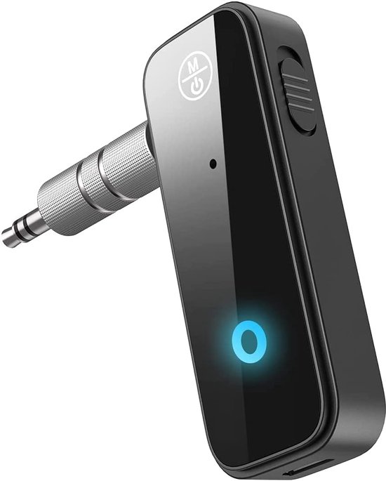 Zwarte AMVORA Bluetooth 5.0 zender/ontvanger met 3,5 mm jack en een blauw gloeiend cirkelvormig lampje.