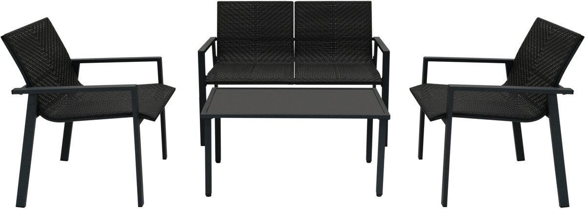 Zwart 4-delige rotan tuinmeubelset met 2-zitsbank, 2 stoelen, salontafel en glazen blad.