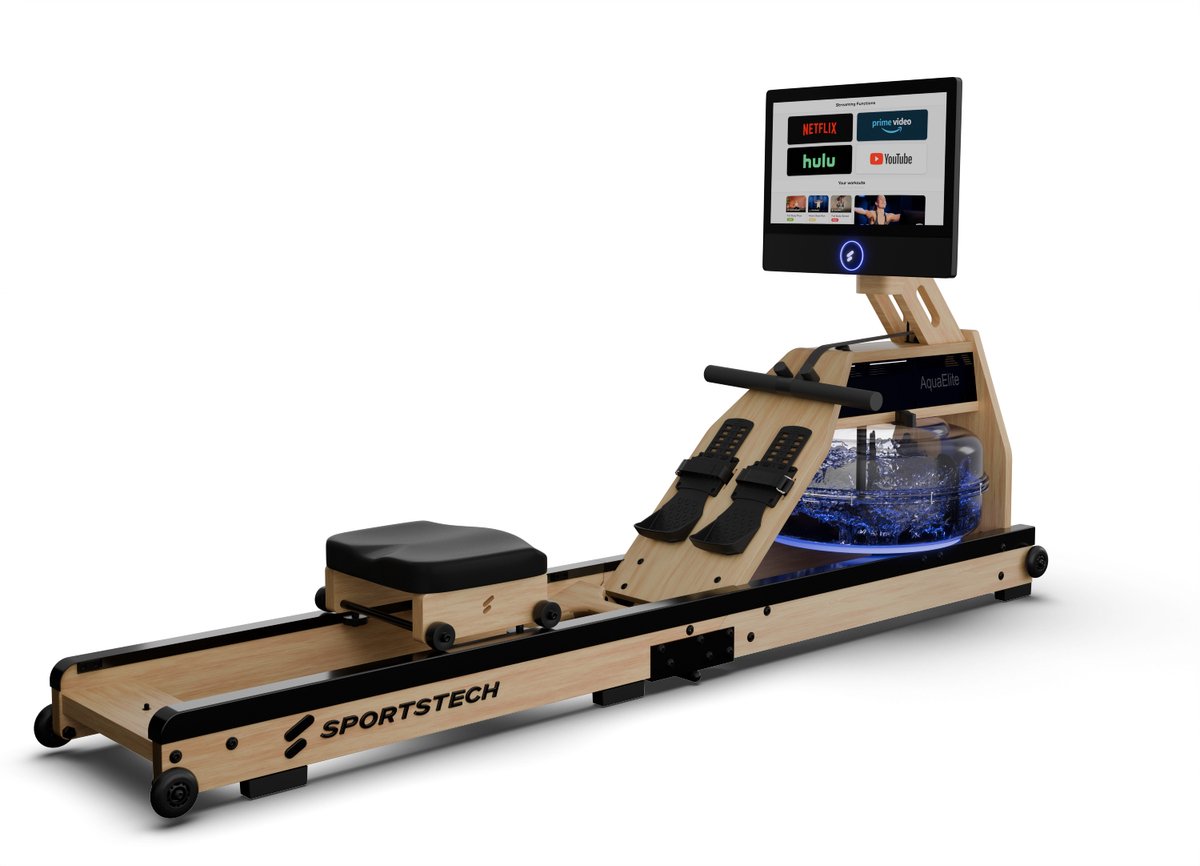 Sportstech AquaElite_OAK roeitrainer met water voor thuis, inklapbaar, LED-watertank, 21,5“ display met app, 360° draaibaar
