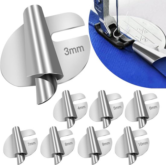 Foto: 8 stuks naai gerolde zoomvoet gerolde zoom persvoet 3 4 5 6 7 8 9 10mm 8 maten brede rolzoomvoet naaimachine persvoeten hemmer home industri le gebogen scroll zoomvoeten