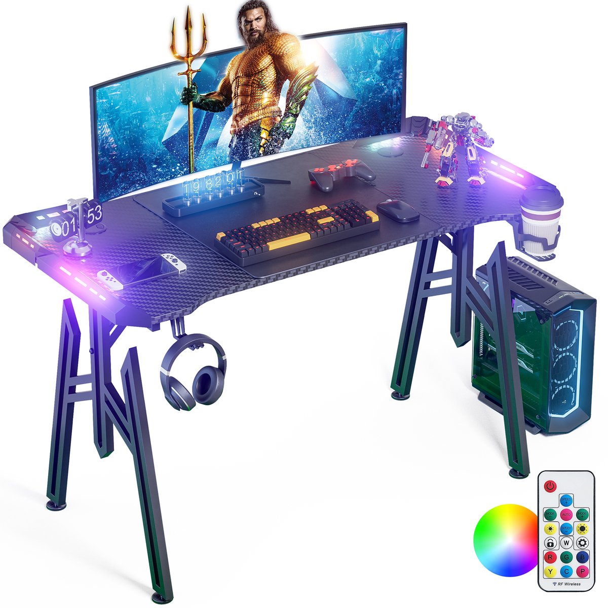 Aufun Gaming Bureau met LED-verlichting, M-Frame Computertafel, Gamingtafel van 120 x 60cm. Stabiel PC Bureau met Hoofdtelefoonhaak en Drankhouderset
