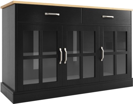Holtico keukenkast met werkblad, hoge kast keukenbuffet buffetkast, eetkamerkast, voorraadkast met deuren en planken voor eetkamer, woonkamer, wasruimte, Zwart