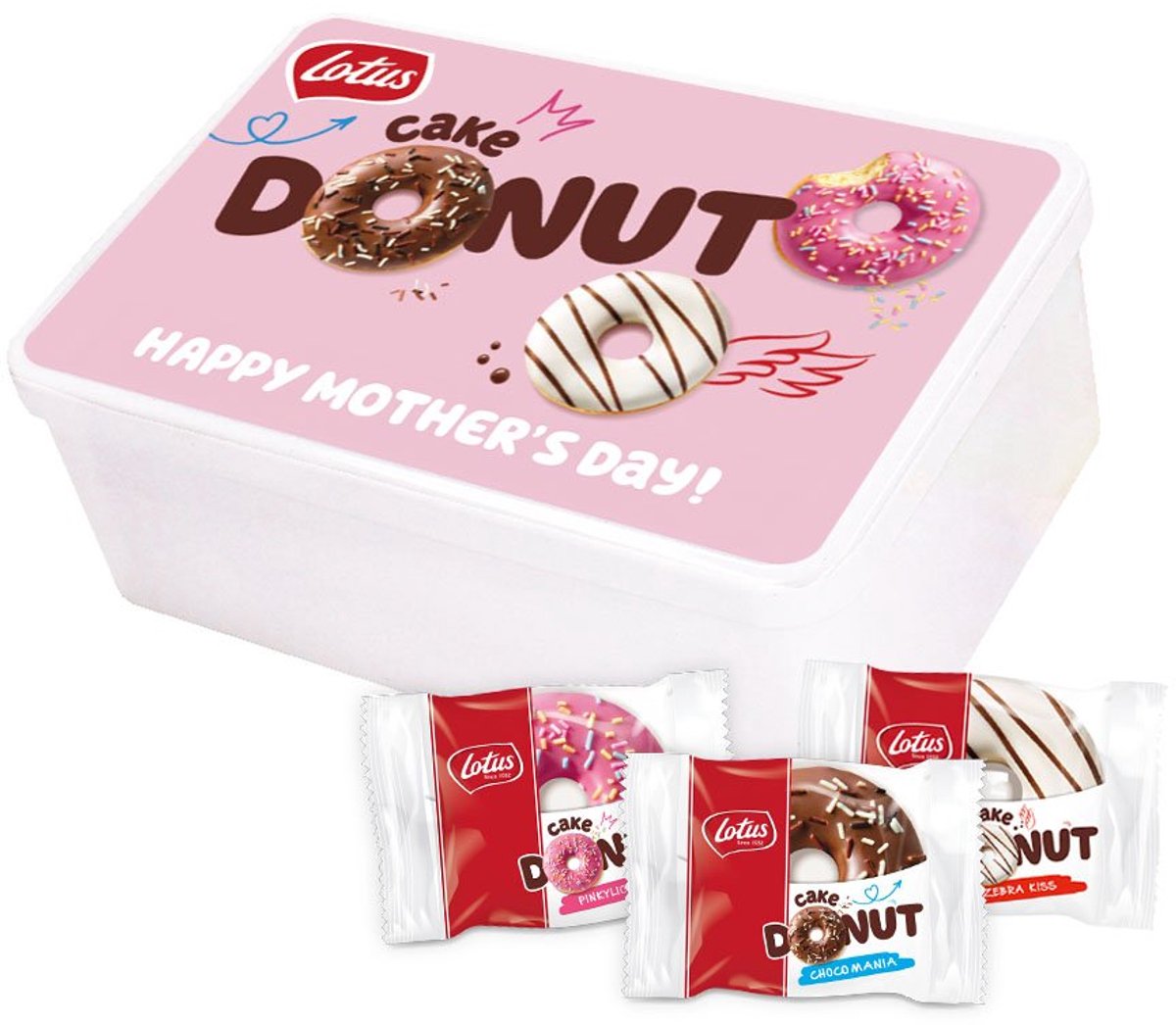 Lotus Cake Donut collection box - "Happy Mother's Day!" - 3 smaken - Pinkylicious, Zebra Kiss & Choco Mania - 10 cake donuts - Moederdag cadeau - 340g