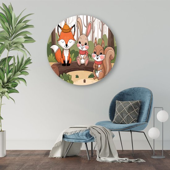 Schattige bosdieren in illustratie - Dieren schilderij rond - Wandbord natuur - Digital Art - Dibond wandcirkel - Kantoor decoratie - muurcirkel aluminium 100x100 cm