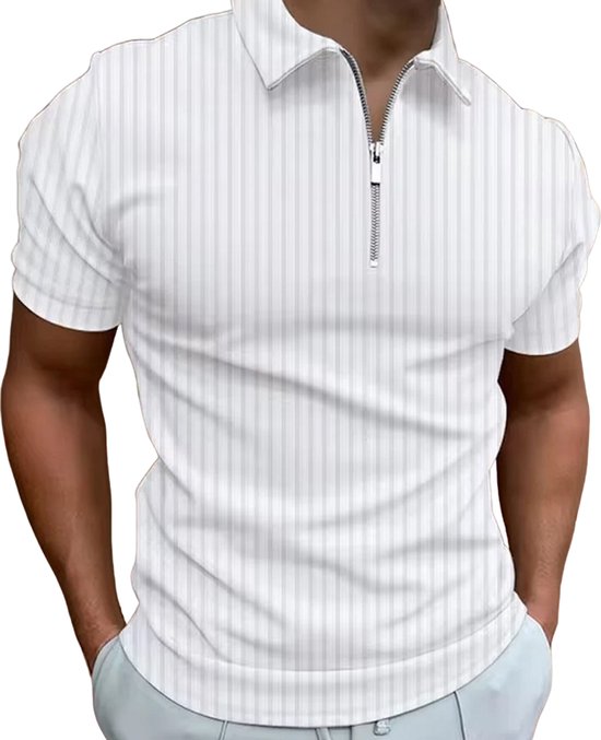 Foto: Moderne heren polo poloshirt wit rits korte mouw trendy sportief