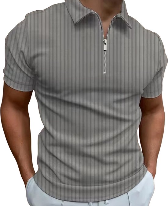 Foto: Moderne heren polo poloshirt grijs rits korte mouw trendy sportief
