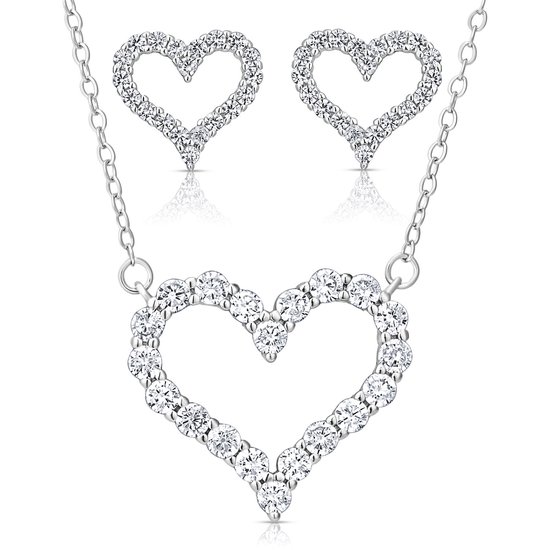Coffret de bijoux Juwelium + coffret cadeau avec boîte à fleurs et ours en peluche | Collier et Boucles d'oreilles Luxe en argent avec cœur et zircone | Cadeau Perfect pour femme, petite amie, mère, fille