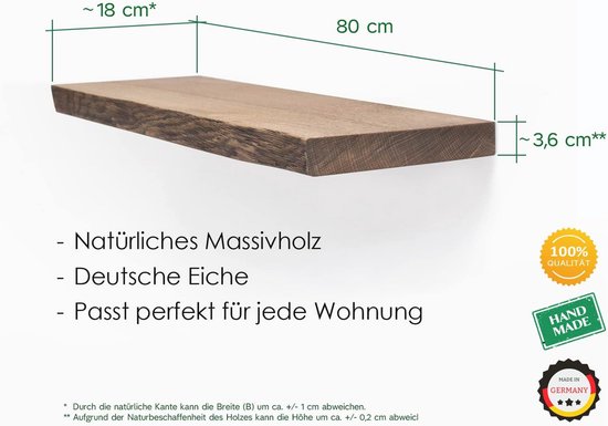 LAMO Manufaktur houten wandplank met natuurlijke rand, Vintage wandplank, Rustiek/Zwart 140cm, LW 01 A 003 140VS
