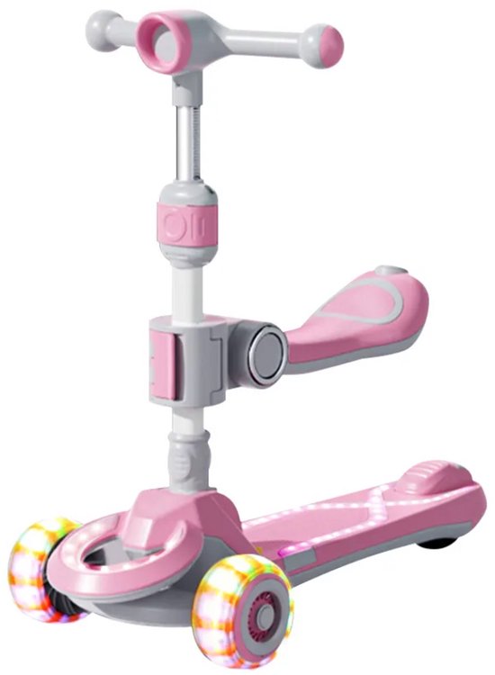 KOKO® MultiRider Kinderstep - Step 3-8 Jaar - Hoogte Verstelbaar Zitje - 3 wielen - Lichtgevende LED Wielen - Jongens/Meisjes - Roze