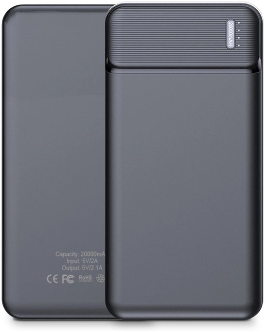 Powerbank 20000 mAh - 22.5W Snellader - 1x USB C input en output - 2x USB A output - 1x Micro USB input - USB A naar USB C kabel meegeleverd - Powerbank klein - Zwart