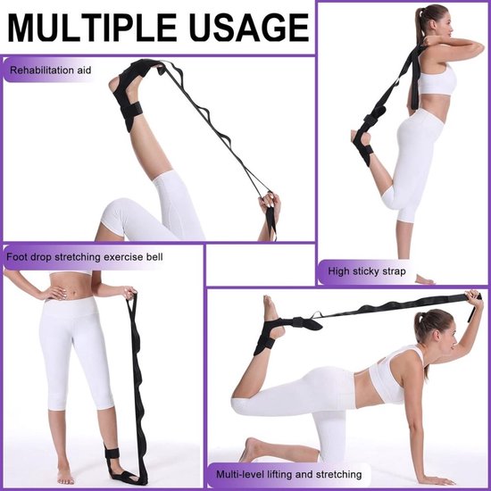 Yoga Stretching Strap, Beenstrekkerband met 7 Verstelbare lussen, Fascia Stretcher voor Fysiotherapie, Verlichting van Plantaire Fasciitis, Pilates, Dans, Gymnastiek (zwart) van Aerial. — afbeelding 5
