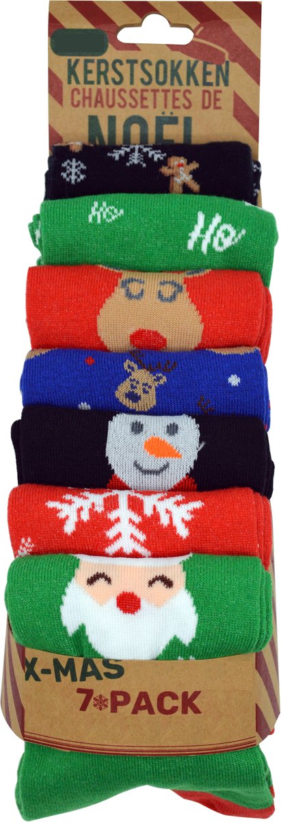 Kindersokken - Kerstsokken - maat 35-38 - hoogwaardige katoen - 7-paar- kerst - x-mas
