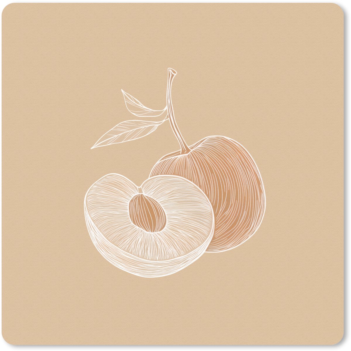 Muismat 30x30 cm - Mousepad Perzik - Lijntekening - Pit - Beige - Muismatten