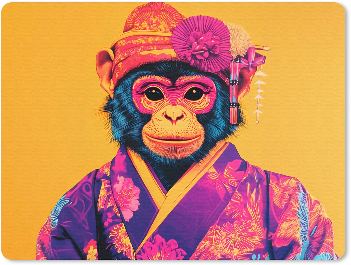 Muismat 23x19 cm - Mousepad Aap - Kimono - Bloemen - Hoofdtooi - Muismatten