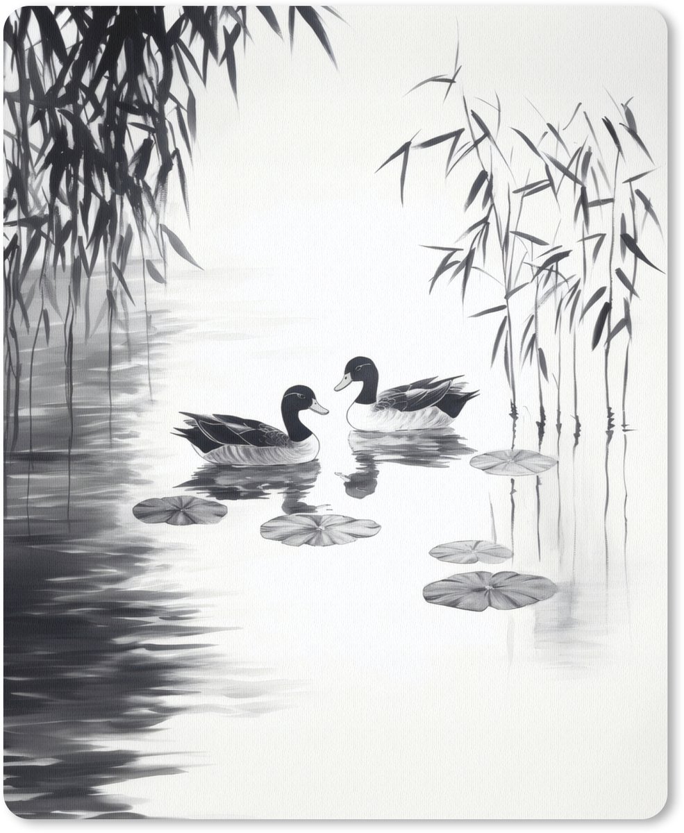 Muismat 19x23 cm - Mousepad Eenden - Waterlelies - Riet - Zwart - Muismatten