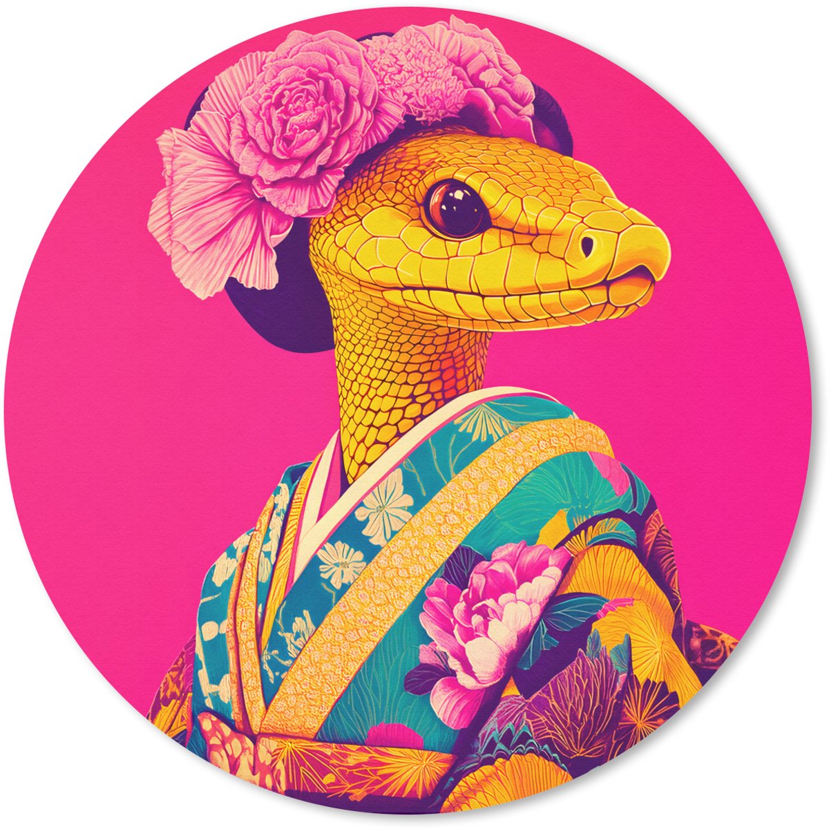 Muismat rond 20x20 cm - Mousepad Hagedis - Bloemen - Roze - Kimono - Ronde muismatten