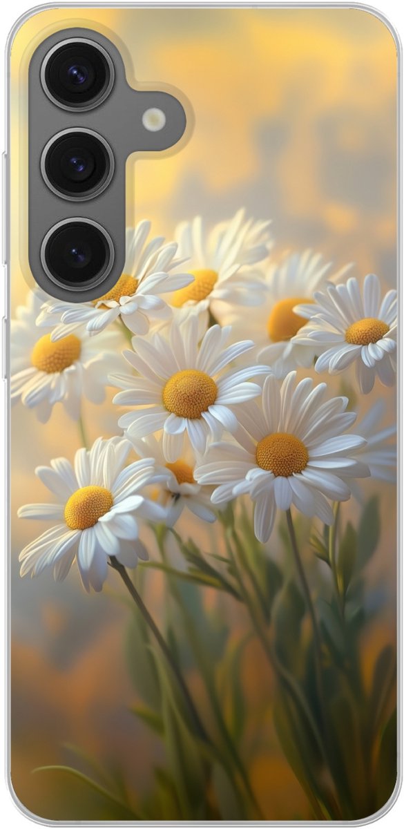Telefoonhoesje Geschikt voor Samsung Galaxy S25 hoesje - Madeliefjes - Wit - Zonlicht - Siliconen Telefoonhoesje Telefoonhoesje