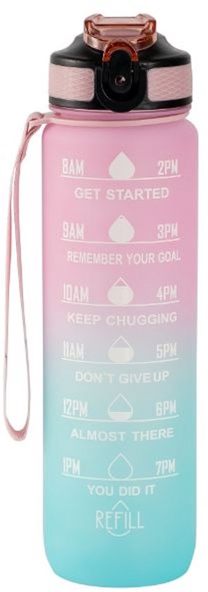 Gourde Motivation Rose/ Blauw - Gourde 1 litre - Gourde avec paille - Gourde avec marquage de l'heure - Sans BPA - Adultes - Gourde Enfants - Box-On