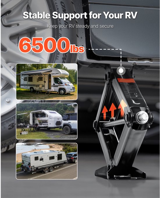 RV - Cric à ciseaux avec manivelle, pied et niveau à bulle (2 pièces) - Stabilisateur pour mise à niveau, hauteur de levage 103-595 mm, capacité de charge jusqu'à 2948 kg, robuste et durable