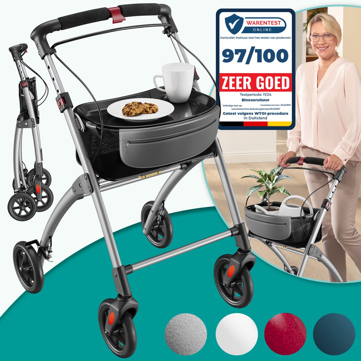ELONEO Lichtgewicht Rollator – 54 cm - Opvouwbaar met Dienblad & Stoffen Mandje - Aluminium
