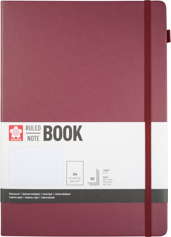 Sakura gelijnd notitieboek, A4, 80 vel, 140 g/m², met een bordeauxrode harde kaft en elastische sluiting.