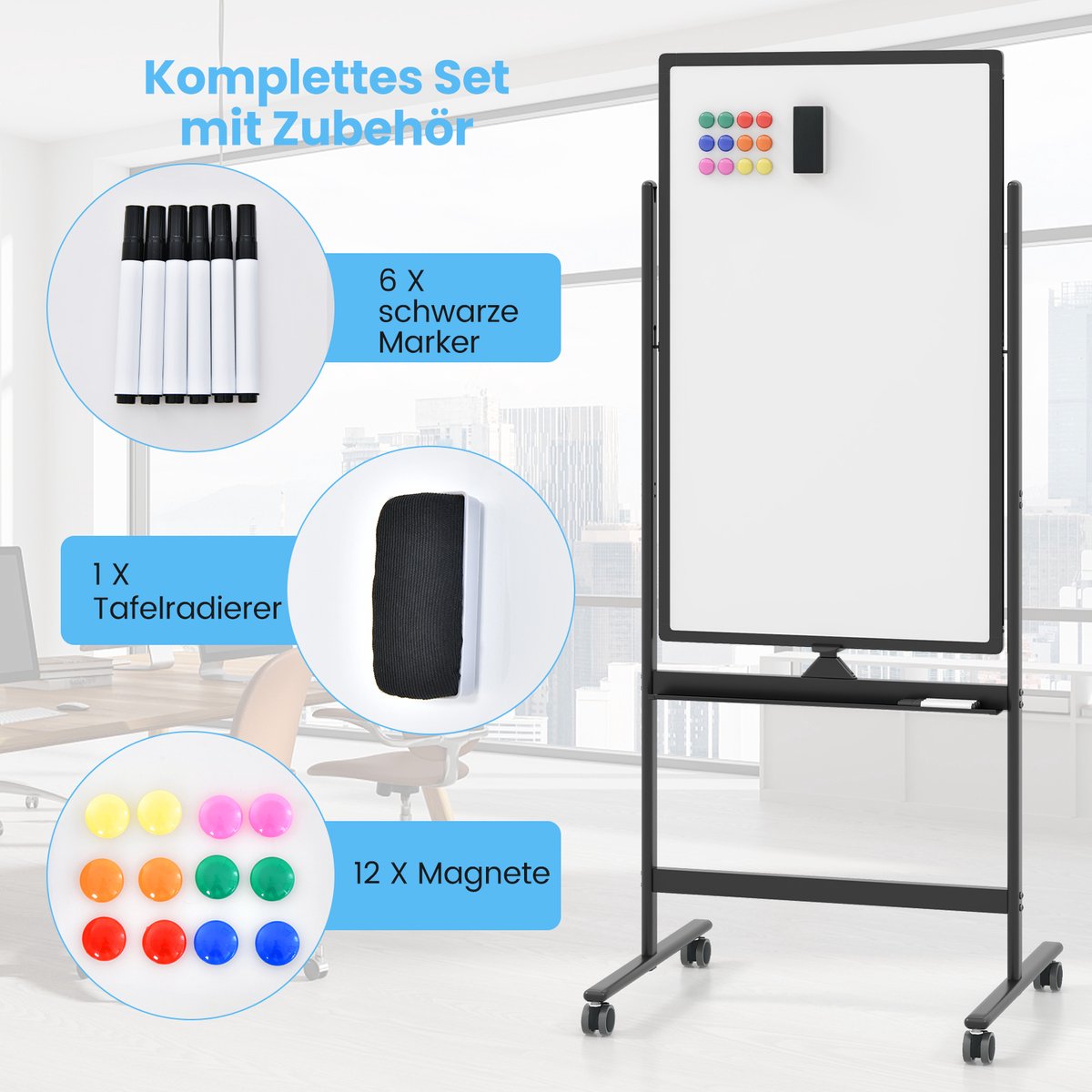 COSTWAY Flipchart-standaard, mobiel whiteboard op wielen, in hoogte