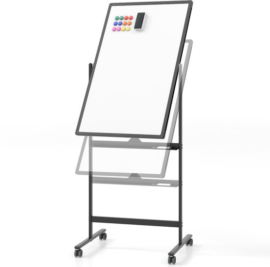 COSTWAY Dubbelzijdig mobiel whiteboard, 60 x 90 cm, in hoogte verstelbaar magnetisch whiteboard met wieltjes, standaard en pennenbakje, incl. accessoires voor school, kantoor, thuis (zwart)