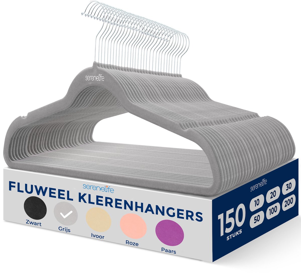 SereneLife Kleerhangers, Fluwelen Hangers, Antislip Zware Duurzame Kledinghangers Set-150Stuks, Duurzaam met 360° Draaihaak