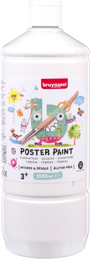 Peinture à l'eau Bruynzeel 1 litre Blanc. Bouteille avec étiquette illustrée d'enfants et d'animaux.