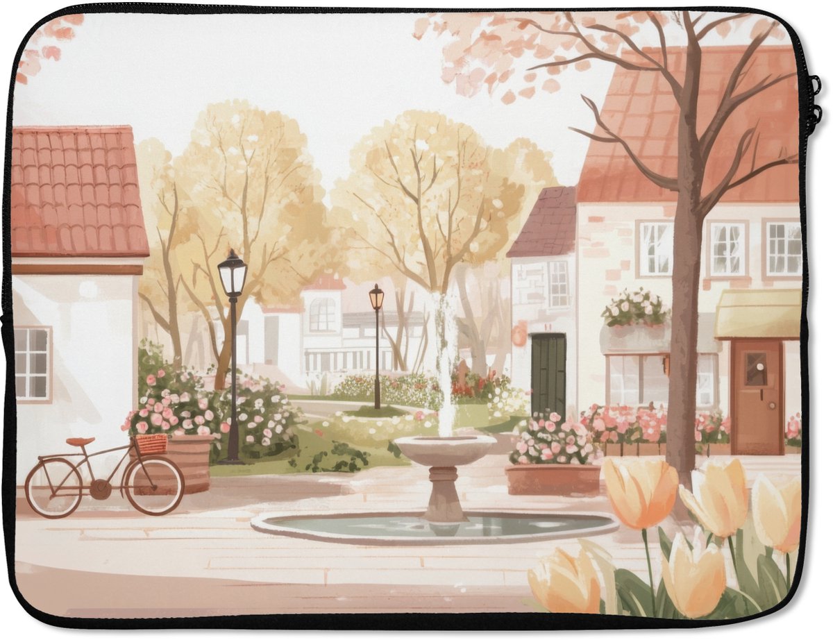 Laptophoes 15.6 inch - Dorpsplein - Fontein - Tulpen - Laptop sleeve - Binnenmaat 37x26 cm - Zwarte achterkant