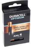 Duracell Optimum AAA-batterijen (4 stuks). Zwarte batterijen met gouden banden. 'Tot 100% extra levensduur of extra kracht'.