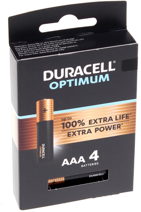 Duracell Optimum AAA-batterijen (4 stuks). Zwarte batterijen met gouden banden. 'Tot 100% extra levensduur of extra kracht'.