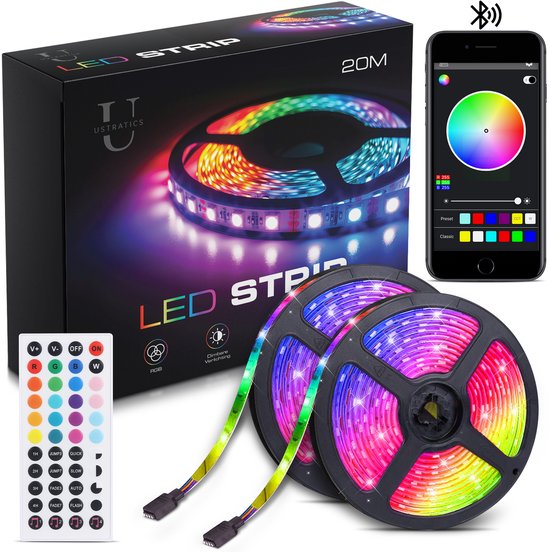 Ustratics Led Strip - 20 meter - 2x10m - Light - rgb LED Verlichting - Afstandsbediening - Bluetooth - licht - Dimbaar - Gaming - Ledstrip - Ledstrips
