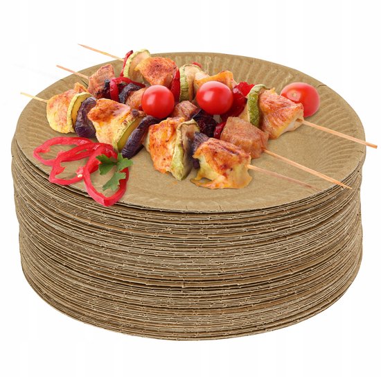 200 stuks x Houten wegwerp bestek set eco/milieubewust - 50 bruine kartonnen borden 23cm + 50 Vorken 16cm + 50 messen 16cm+ 50 servetten oranje 32x32cm Feest/verjaardag/BBQ picknick — afbeelding 5
