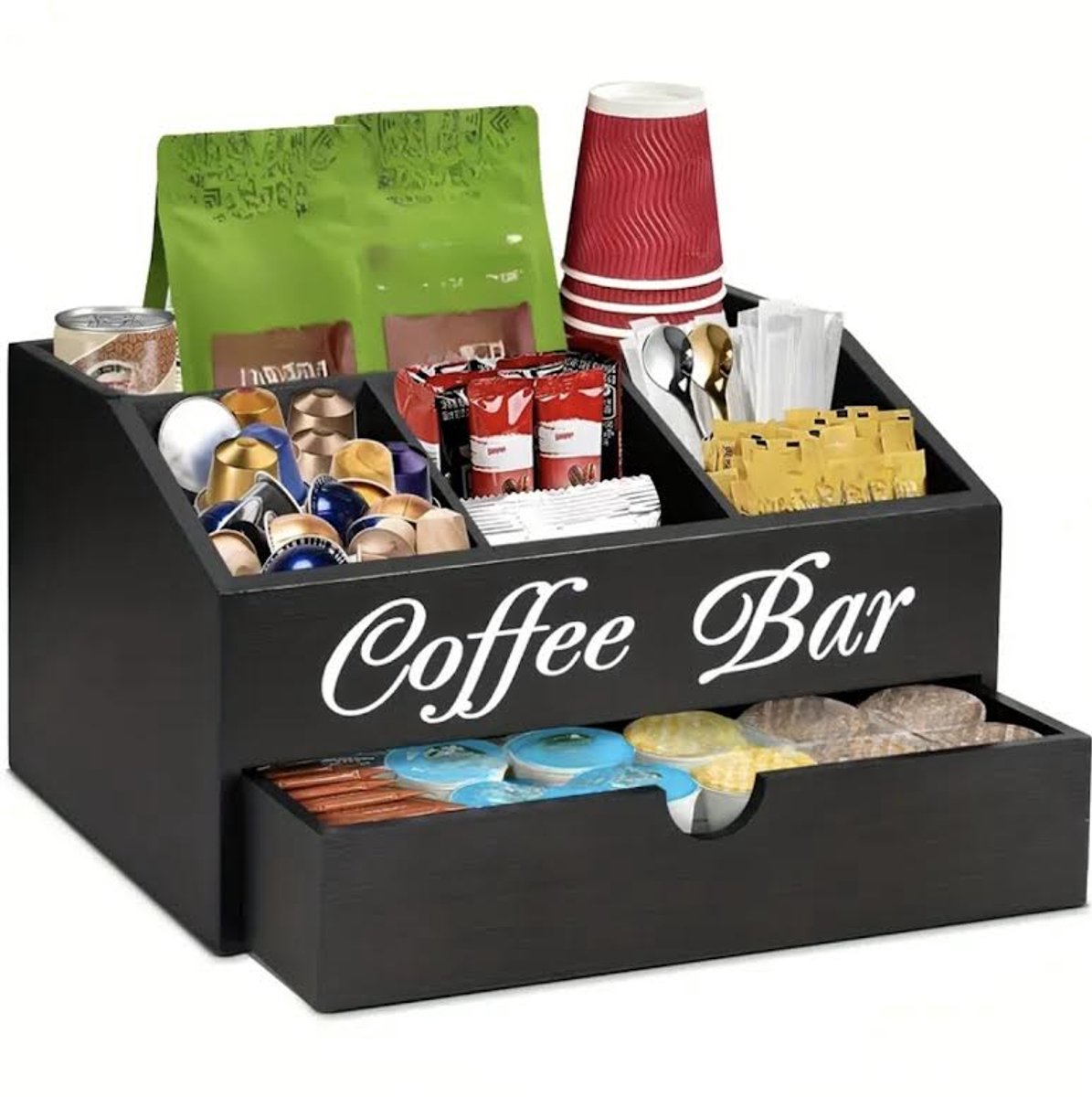 koffie organizer - thee organizer - koffie station - Zwart - tafel organizer - Houten Organizer - keuken organizers - aanrecht organiser - keuken opbergers - koffie organizers aanrecht - koffie accesoires - koffie bar - coffee bar - 2 laags