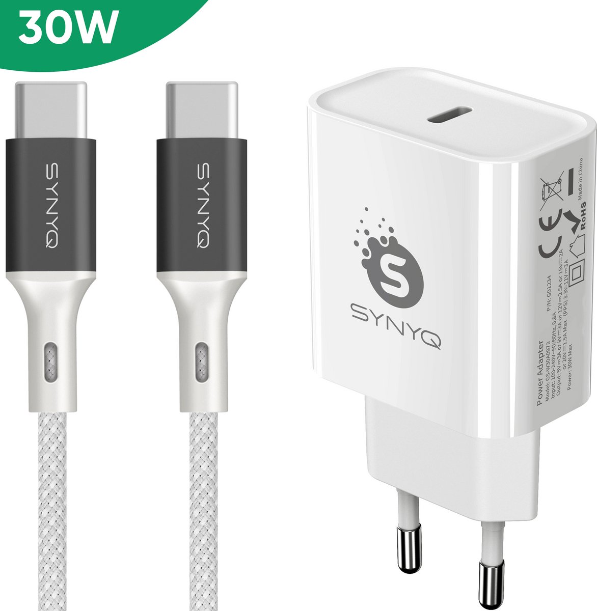 Synyq 30W GaN2 Snellader - USB C Kabel 1 meter - Gecertificeerd - USB C Adapter - Snellader usb c - Usb c lader - Usb c oplader - Universeel - Wit