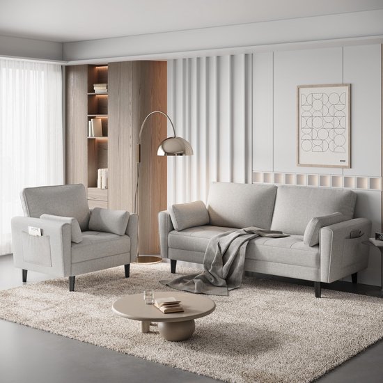 HOMCOM 2-zitsbank, kleine bank, retro-design, 2 kussens, rubberhout, grijs naturel HOMCOM 2-zitsbank, kleine bank, retro-design, 2 kussens, rubberhout, grijs naturel
