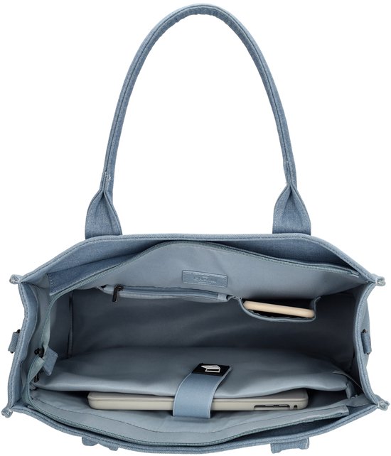 Open lichtblauwe denim shopper met een vak voor een laptop en telefoonvakje.