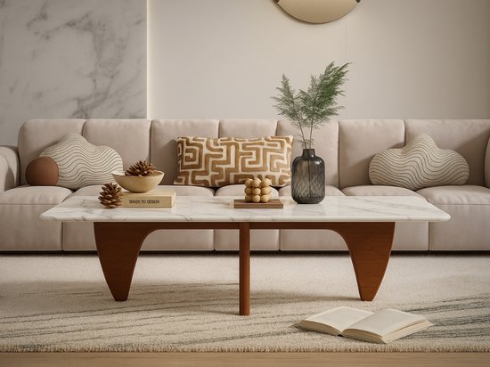Salontafel Marmer - Walnoot Hout - Marmer blad Rechthoekig - Tafel - Coffee table - Koffietafel
