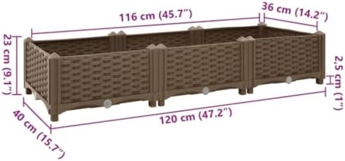 Verhoogde Plantenbak 120x40x23 cm Polypropyleen Bruin - Ideaal voor Bloemen en Planten in Tuin of Balkon