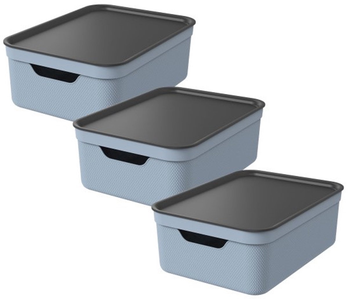 Rotho Jive opbergboxen set van 3 Opbergdozen 10 L met Deksel, Kunststof (PP Gerecycled), Blauw /Antraciet, 3 x 10 L, 36,5X26,5X13CM