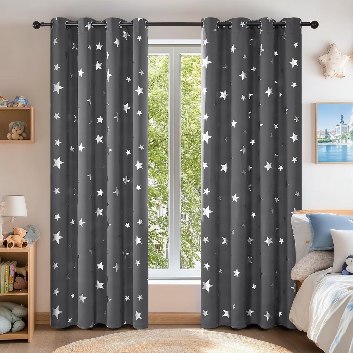 Set van 2 thermische verduisteringsgordijnen met oogjes, sterrenpatroon voor woonkamer, 140 x 180 cm (b x h), donkergrijs